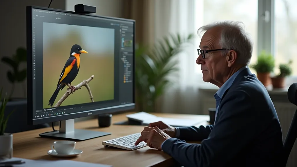 Fotografa rūpnīca ar putnu fotogrāfijas rediģēšanu datorā