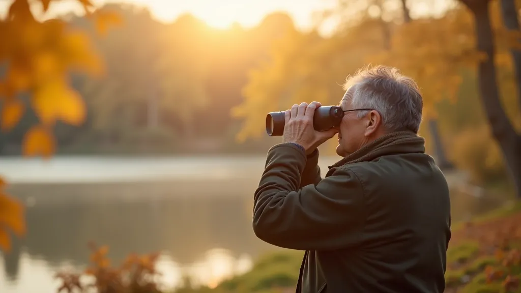 Seniori putnu vērošanā ar binoklīm dabā, mierīgs skats uz Engures ezeru